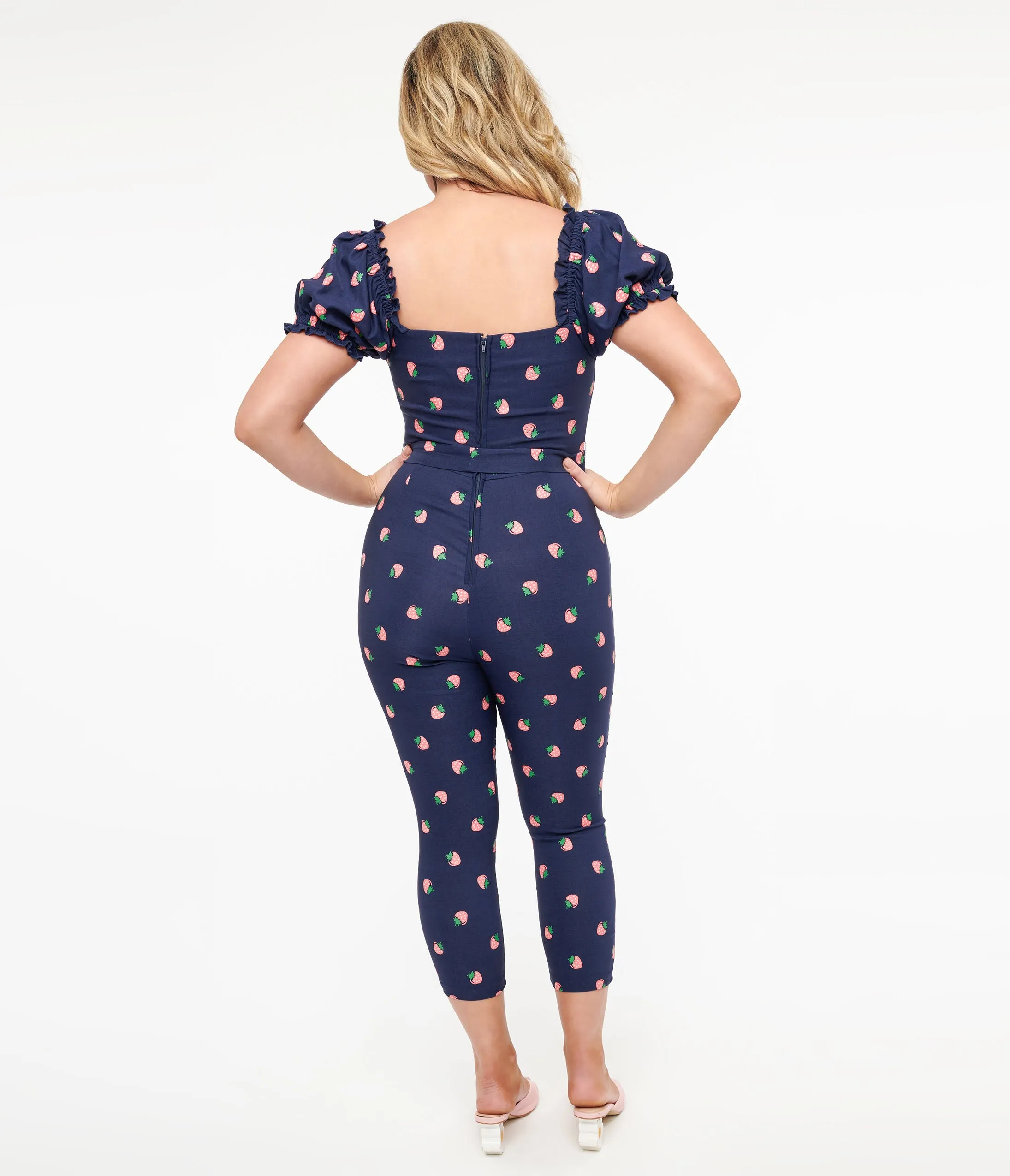 Unique Vintage Navy & Pink Strawberry Stamp Belted Jumpsuit