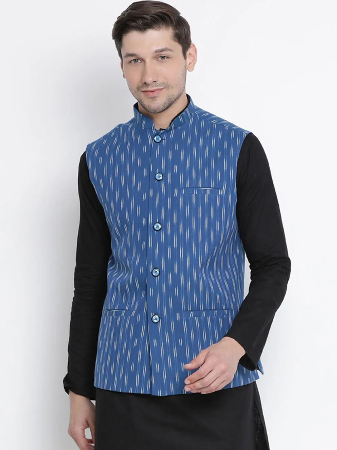 VASTRAMAY Men's Blue Cotton Ethnic Jacket