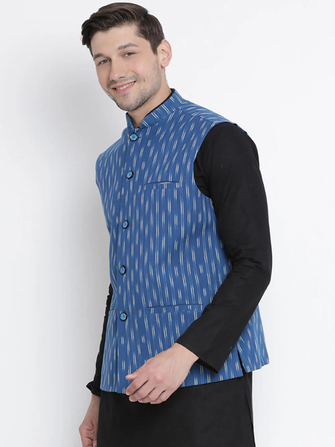 VASTRAMAY Men's Blue Cotton Ethnic Jacket