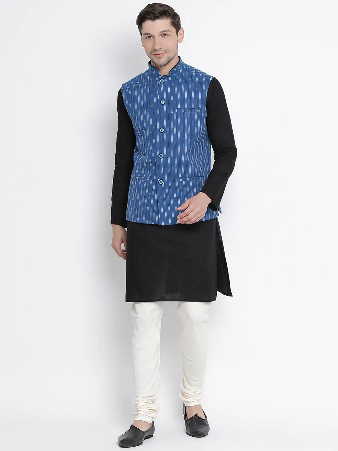 VASTRAMAY Men's Blue Cotton Ethnic Jacket