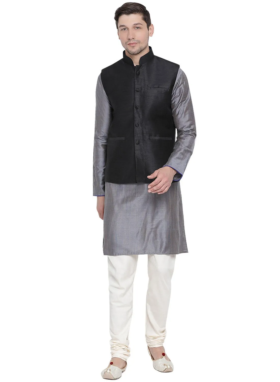 VASTRAMAY Men's Grey Cotton Silk Blend Kurta, Ethnic Jacket and Pyjama Set