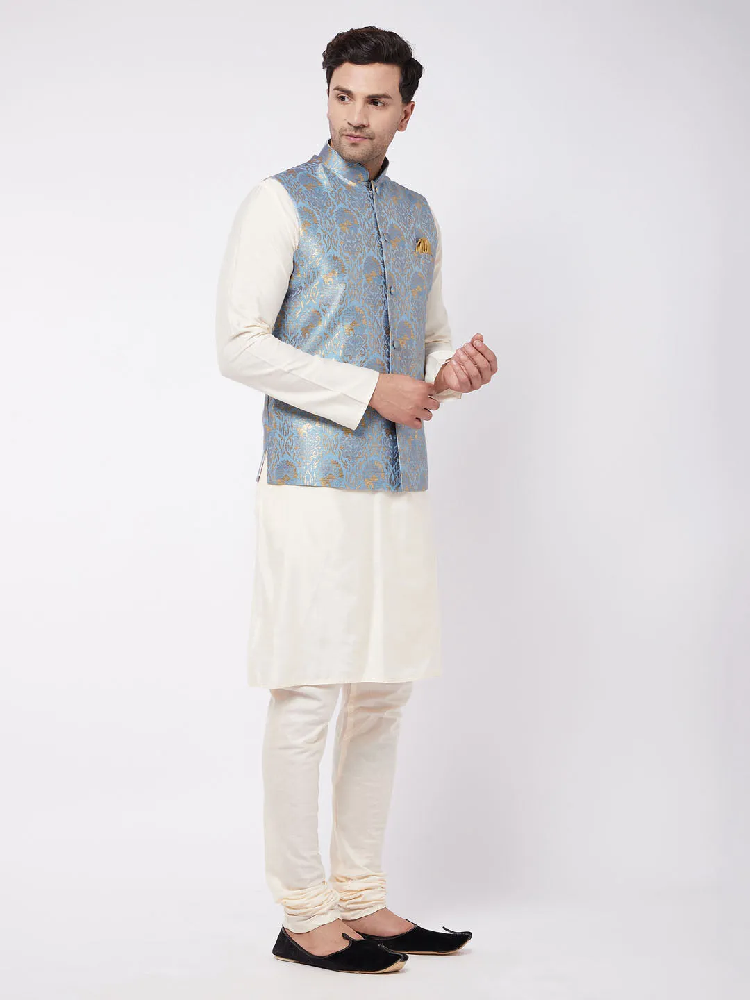 VASTRAMAY Men's Viscose Cream Kurta And Pyjama With Grey Woven Nehru Jacket