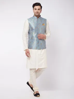 VASTRAMAY Men's Viscose Cream Kurta And Pyjama With Grey Woven Nehru Jacket