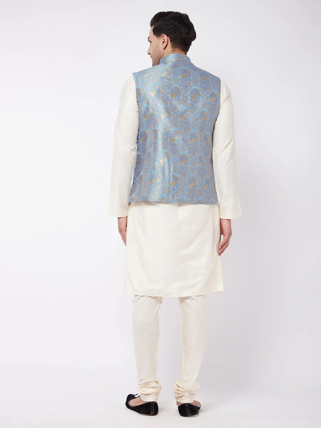 VASTRAMAY Men's Viscose Cream Kurta And Pyjama With Grey Woven Nehru Jacket