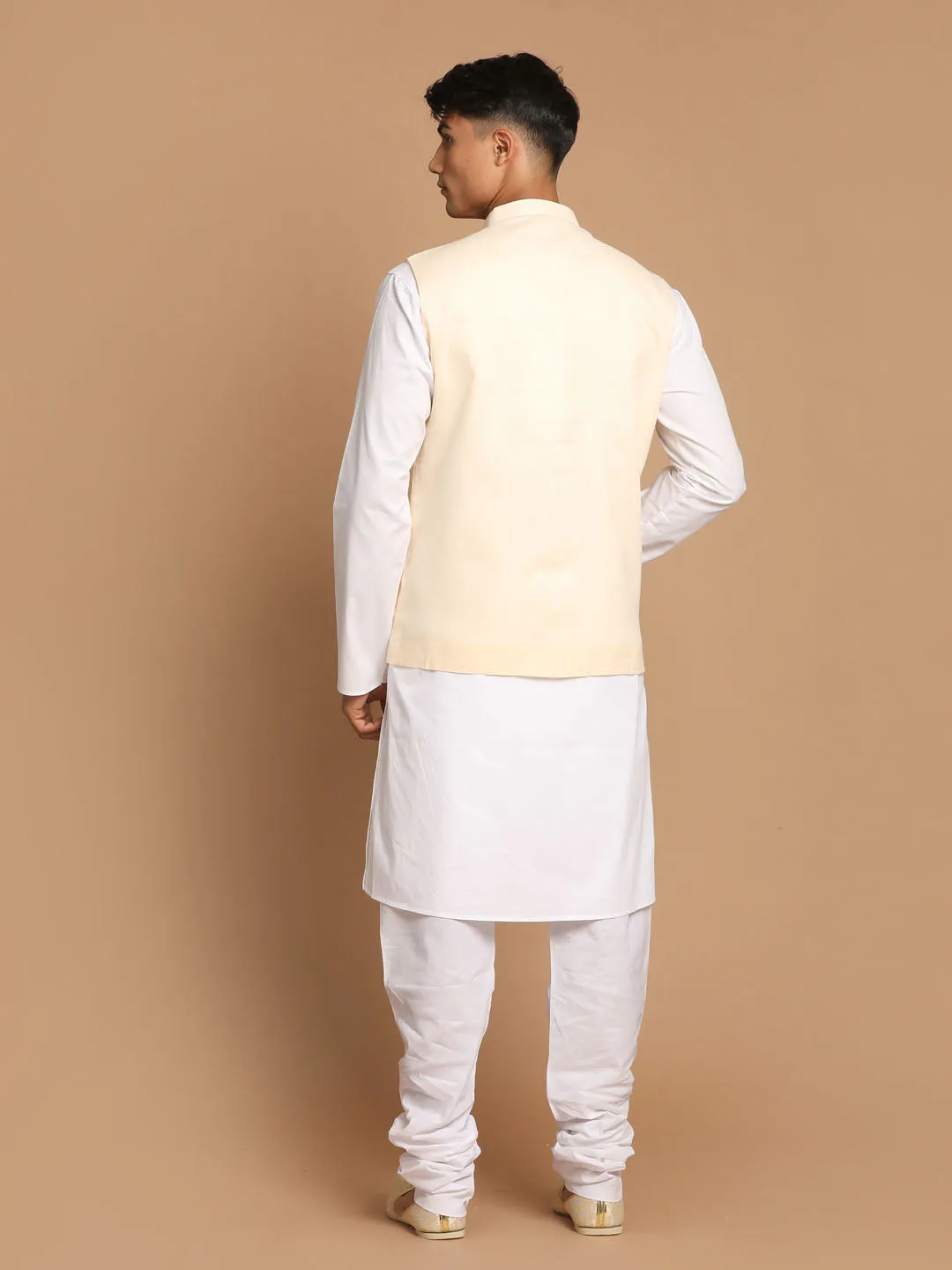 VASTRAMAY Men's White Cotton Kurta, Solid Royal Nehru Jacket and Pyjama Set