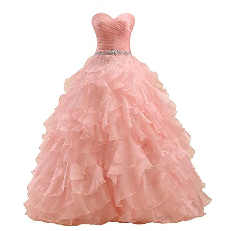 Watermelon Strapless Ruffle Ball Gown Masquerade Prom Dress