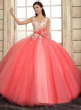 Watermelon V Neck Contrast Color Ball Gown Quinceanera Dress