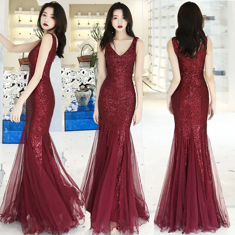 Wine Red Sequins with Tulle Mermaid Party Gown, Burgundy Prom Dress