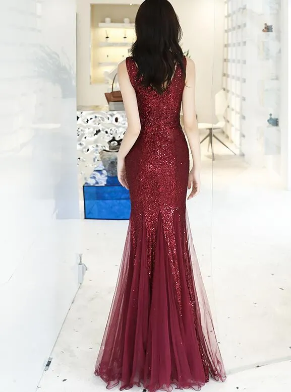 Wine Red Sequins with Tulle Mermaid Party Gown, Burgundy Prom Dress