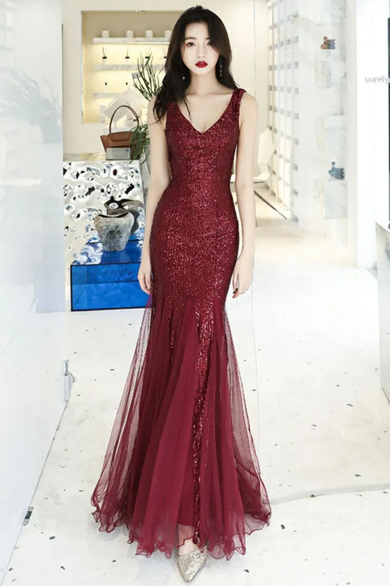 Wine Red Sequins with Tulle Mermaid Party Gown, Burgundy Prom Dress