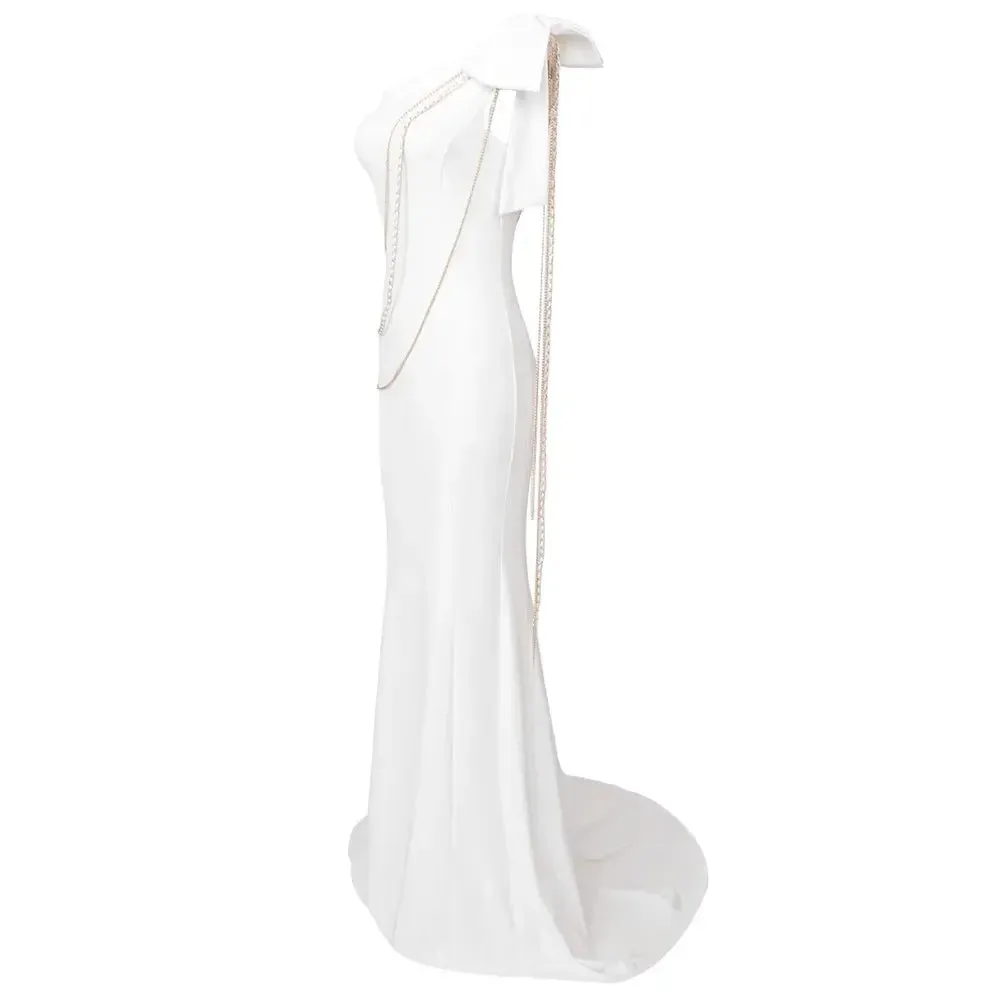 Women's White Sexy One-Shoulder Bow Chain Decor Party Long Gown