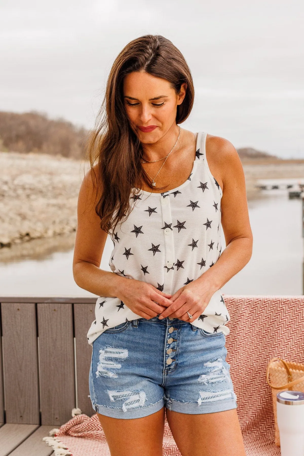 Young And Free Button Tank- White